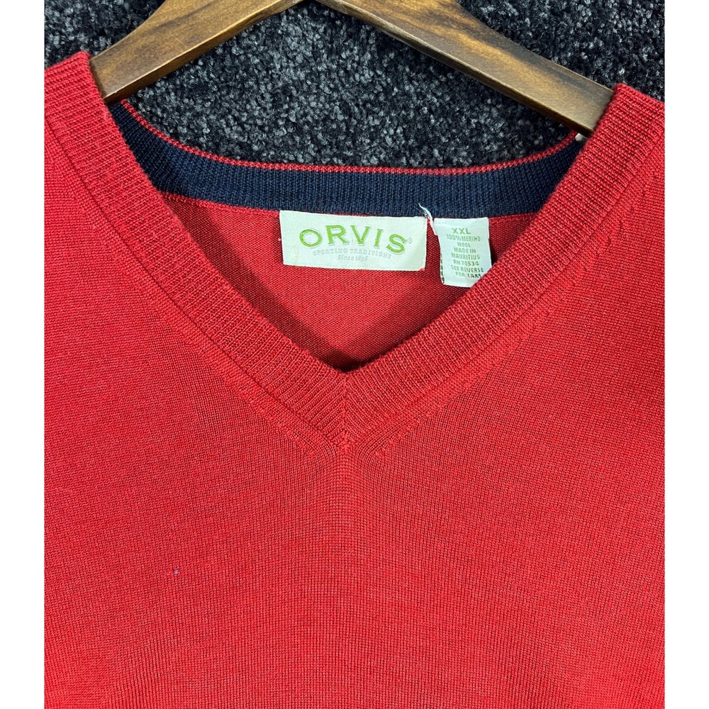 Orvis Mens XXL‎ Merino Wool V-Neck Sweater Red Blue Trim Knitwear *See Pics